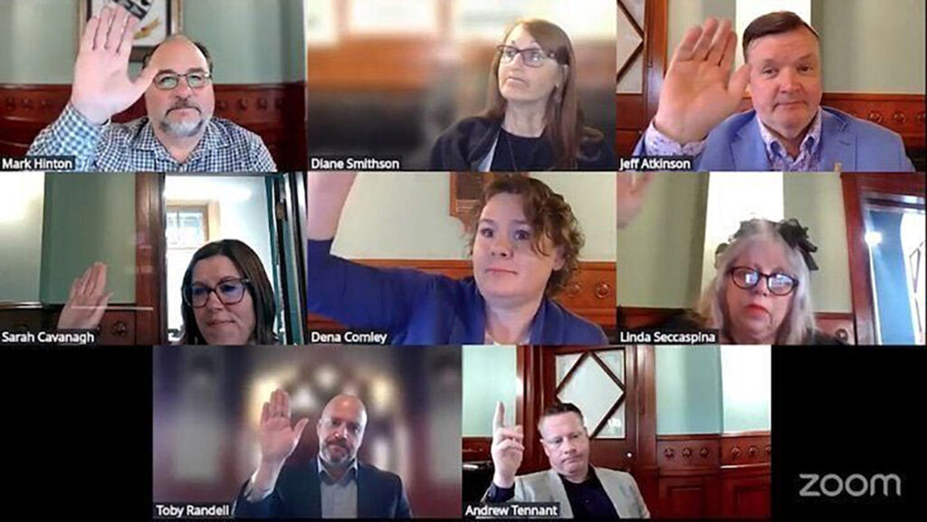 Carleton Place council, shown in this town hall screenshot, voted May 20 to award the tender for the expansion of the town’s water and wastewater treatment plants to ASCO.